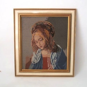 Virgin Mary embroidery picture, religious wall art, vintage embroidery, Madonna embroidery, mid century framed wall art, West Germany 60s
