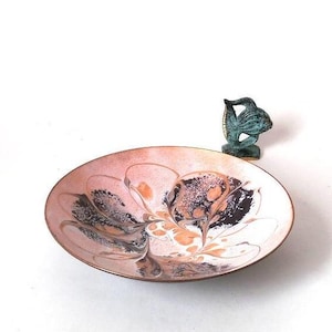Mid century enamel copper bowl light pink black white , trinket dish, enamel ring dish, business card dish, vintage enamel GDR dish
