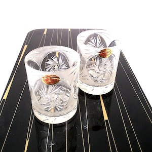 Vintage lead crystal whiskey glasses hand cut, mid century whisky tumblers , set of 2 low ball whisky glasses hand sanded, mcm German glas