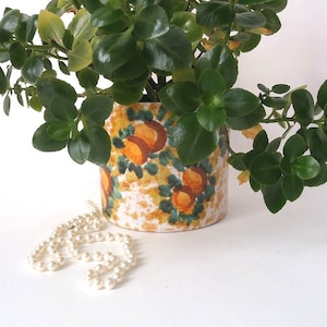 Könnte beinhalten: Eine grüne, blättrige Pflanze in einem Keramiktopf mit weißem Hintergrund und einem gelben, orangefarbenen und grünen Blumenmuster. Eine Schnur weißer Perlen befindet sich im Vordergrund.