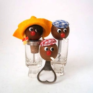 Mid century corkscrew and bottle opener bar set, bottle cork dolls set, 60s/70s bar tools