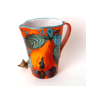 Vintage handpainted ceramic jug in bright orange , mid century summery juice or water picher Italian pottery jug with pear decor, 1970s