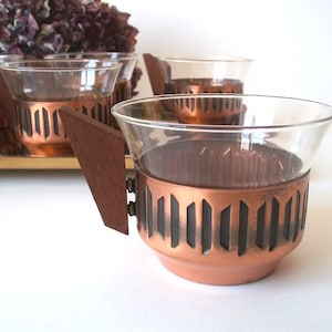 Mid century modern tea set, 6 Jenaer glass cups by Schott Mainz, brass tray with teak handles, 60s Germany, mcm tea set, boho home,