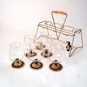 Vintage six liqueur glasses with 50s liqueur glass rack, set of 6 cognac glasses with metal rack, vintage barware mcm glasses retro party