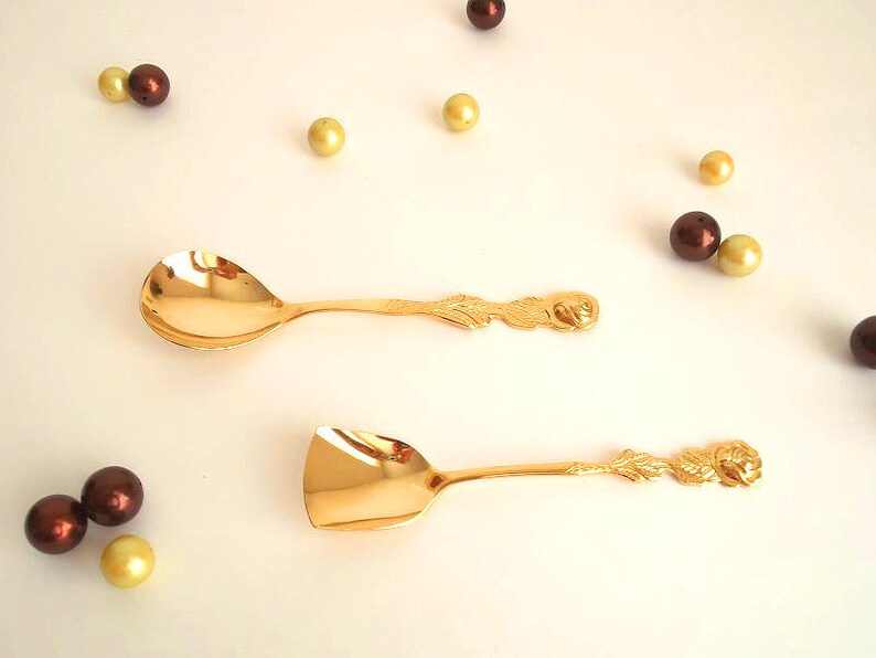 Gold sugar and cream spoons, rose flatware, gold wedding flatware, rose decor spoons, small spoons, gold flatware, hildesheimer rose image 1
