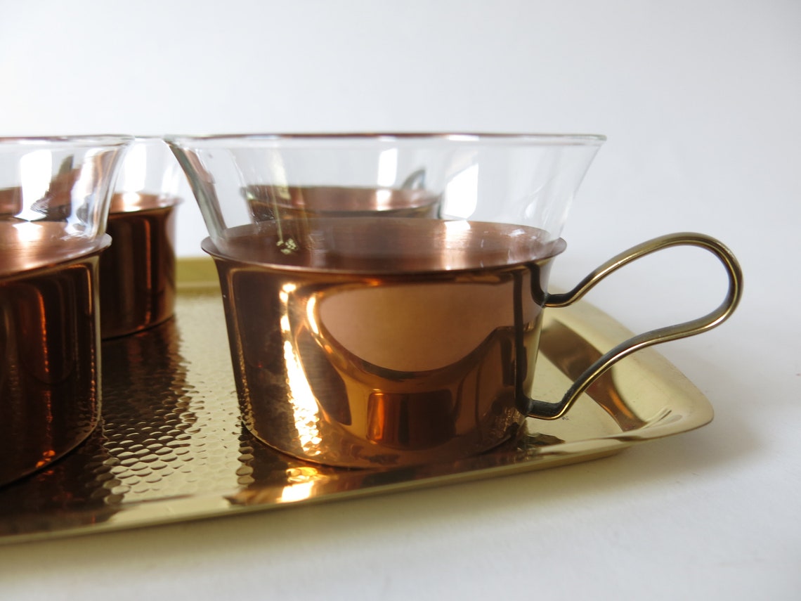 Mid century copper tea set 6 Jena glass cups on a brass tray Etsy