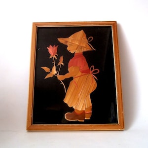 Mid century straw picture flower seller gardener, framed wall art, GDR souvenir, motif, folk art, GDR decoration, Germany 60s