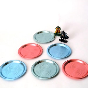 Vintage rockabilly mid century coaster set, 6 anodized aluminum holders, 60s coaster set East Germany mcm, anodized bar accessories