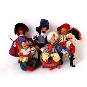 Vintage handmade fairy tale doll made in GDR, three Musketeers doll clothing figurines, Aladin, court jester puppet Dresdner art doll