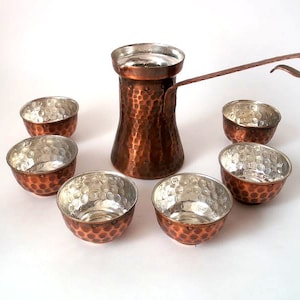 Vintage Turkish coffee set, Turkish copper coffee set , mid century copper tea set, Greek copper coffee set, Turkish coffee pot, copper cups
