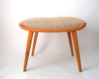 Mid century modern ottoman footstool, spring core wood and wool upholstered Ottoman 60s vintage stool, small furniture footstool