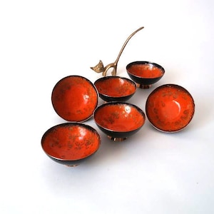 Vintage enamel copper bowl set of 6, vintage enamel plates, enamel ring dish holder, mid century vintage bowl orange/ red black enamel