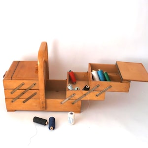 Large vintage sewing box, mid century sewing basket wooden sewing box, wooden fold out box,  mcm sewing box, craft box 60s wooden sewing box