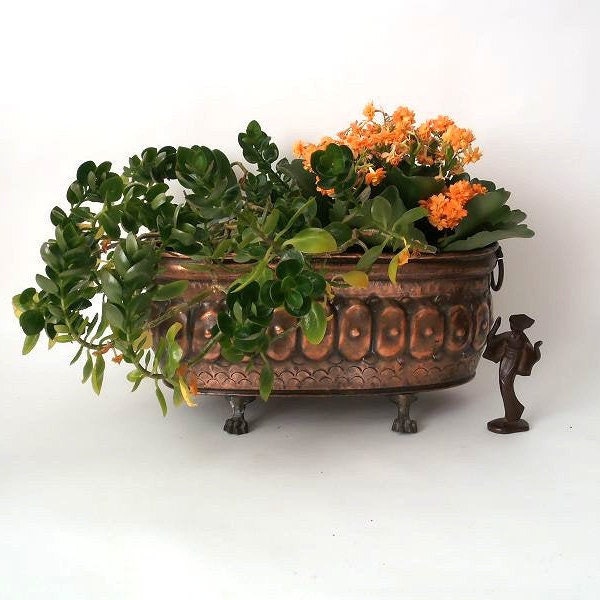 Vintage copper jardiniere , oval copper planter, footed plant pot, footed copper jardiniere,  indoor gardening, cottage chic, solid copper
