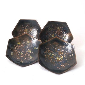 Set of four hexagonal enamel bowls, enamel business card dish, jewelry dish GDR enamel , trinket tray, mid century enamel plate