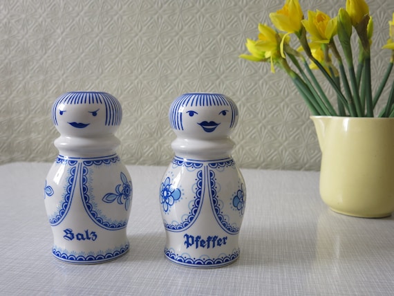 Vintage Wagner & Apel Large Salt and Pepper Shakers Blue White