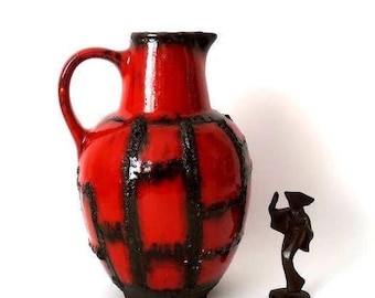 Vintage Ruscha Costa Fat Lava Jug, Red Glaze, Black Lava Strings, 70s Ceramic Vase