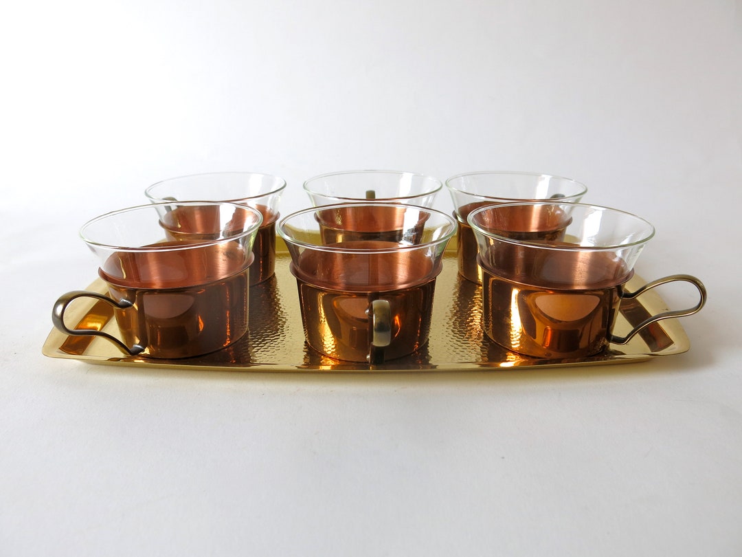 Mid Century Copper Tea Set 6 Jena Glass Cups on a Brass Tray Etsy