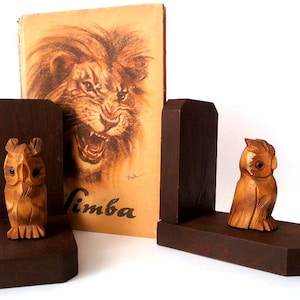 Rustic owl book ends, vintage bookends, hand carved bird book ends, German mid century book ends, rustic home decor, mcm bookends