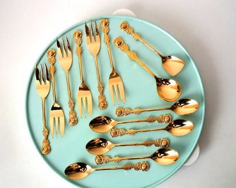 Gold tea spoons and forks Hildesheimer rose, small spoons forks gold wedding flatware, gold flatware coffee, hildesheimer rose decor cutlery