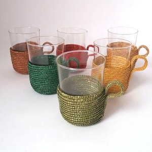 Vintage rustic wicker cup holders, set of 6 mid century boho straw cup holders, Schott Mainz West Germany 1960s wicker tumbler sleeve