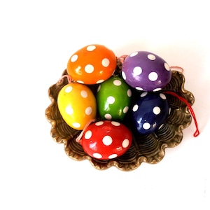 Vintage spun cotton easter eggs, GDR hanging easter eggs, east German easter decor, 6 vintage easter eggs spun cotton, easter polka dots