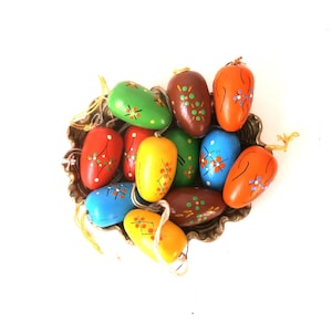 Vintage Erzgebirge easter eggs, set of 12 wooden hanging ornaments, hand painted wooden easter eggs, german folk art GDR ore mountains