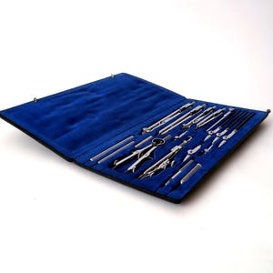 High-quality mid century compass box by Eco Bra Chrom, German old compass set with blue velvet interior, drafting precision drawing set