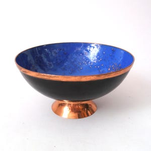 Vintage enamel bowl with stand, mid century modern enamel plate, business card dish, jewelry dish GDR enamel Fischland, mcm trinket tray