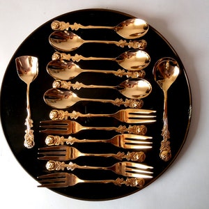 Gold plated tea spoons and cake forks Hildesheimer rose, gold wedding flatware, gold flatware coffee, hildesheimer rose decor cutlery