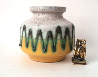 Vintage ceramic vase yellow gray green mid century fat lava vase east Germany 60s space age vase, mid century studio art, mcm ceramic vase
