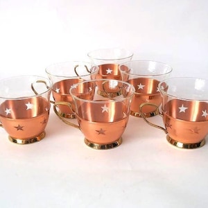 Mid century modern tea set, 6 Jenaer glass cups by Schott Mainz, copper trays, tea glasses copper holder 60s Germany mcm tea set, boho home,