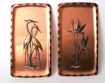 Vintage mural in metal/sheet with anodized copper, crane relief mid century wall hanging copper relief  West Germany 60s, wall art copper