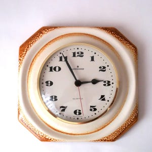 Ceramic wall clock, beige brown octagonal kitchen wall clock, West Germany, mid century modern pottery clock, 1970s, 70s space age clock