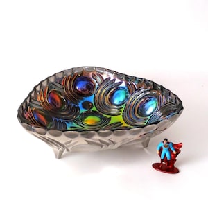 Vintage triangular vacuum iridized crystal glass bowl LWG Leinauer Glassware, psychedelic pattern peacock eye carnival glass bowl