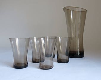 Karaffe mit 5 Gläsern - Zwiesel Limonadensatz Form 2011 - Design Heinrich Löffelhardt - 50er West Germany - mundgeblasen - R0060