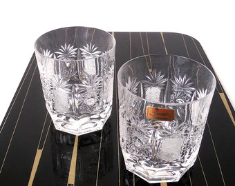 Vintage lead crystal whiskey glasses hand cut, mid century whisky tumblers , set of 2 low ball whisky glasses hand sanded, mcm German glas