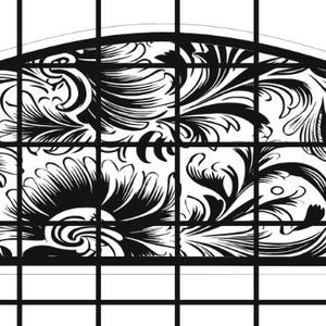 May include: Black and white intricate floral pattern with a swirling design. The pattern is in the shape of a half-circle.