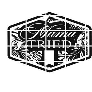 May include: Black and white logo with a hexagonal shape and intricate floral designs. The text "Mama Tried" is written in a stylized font.