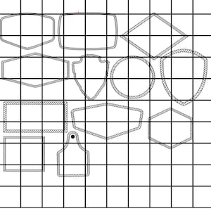 Könnte beinhalten: Eine Ansammlung verschiedener Formen, darunter Rechtecke, ein Schild und ein Kreis, die jeweils mit einer seilartigen Textur umrandet sind. Das Design ist monochrom, mit schwarzen Umrissen auf weißem Hintergrund, vor einem Raster.