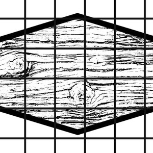 May include: Black and white image of a wooden sign with a hexagonal shape. The sign has a distressed, rustic look with visible wood grain and knots.