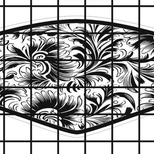 以下が含まれることがあります： 六角形の黒と白の花柄。模様は複雑で、渦巻く葉と花が描かれている。