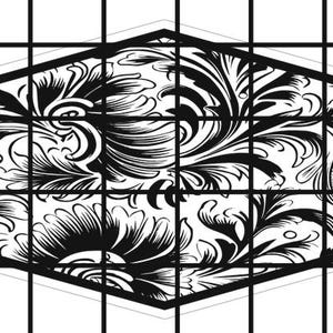 May include: Black and white floral pattern with a hexagonal shape.