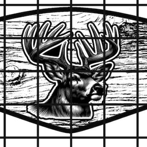 May include: Black and white illustration of a deer head with large antlers on a woodgrain background.