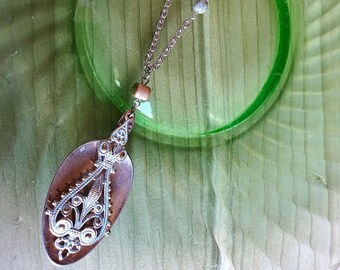 Elegant Silverware Spoon Necklace with Light Teal and Gold Beads