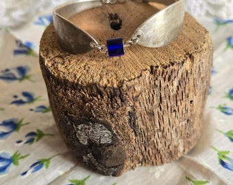 Royal Blue Art Deco Bracelet / Double Spoon Handle Bracelet / Recycled Silverware Jewelry