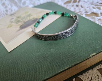 Roses are Green / Silverware and Beaded Stretch Bracelet / Recycled Silverware Jewelry