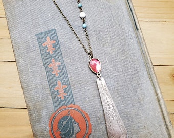 Pink Gem Stone & Recycled Etched Fork Necklace