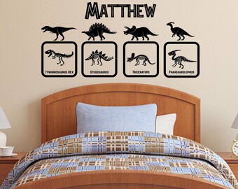 Dinosaur and Fossil Bones Wall Decal Tiles | Personalized Name | 4 Dinosaur Types Boys Room Decor