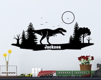 Tyrannosaurus Rex in Moonlight Wall Decal | Personalized Name | Dino Night Sky Nursery Decor